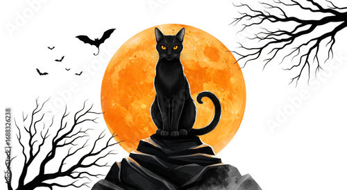 Eerie Black Cat Silhouette on Dark Rock with Glowing Orange Full Moon Flying Bats and Spooky Bare Trees Halloween Night Art