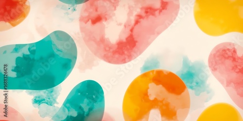 Abstract watercolor forms in shades of blue yellow orange and pink against a beige background