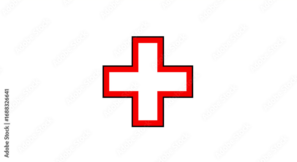 Fototapeta premium A white background with a red and black outlined plus sign, symbolizing medical aid and emergency services