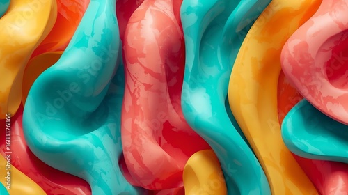 Abstract background features curved shapes in shades of yellow turquoise and coral