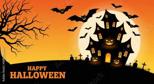 Halloween night with spooky haunted house silhouette, full moon, flying bats, eerie tree, glowing pumpkins, orange sky.