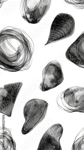 Abstract ink shapes in black and white create a modern minimalist pattern against a white background