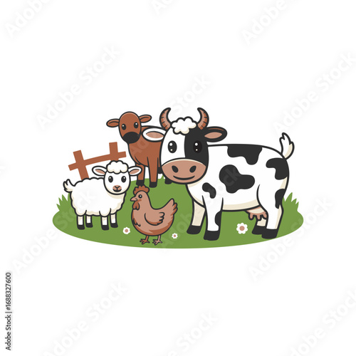 Cute farm animals illustration (cow, sheep, goat, chicken)