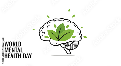 World Mental Health Day illustration featuring a stylized brain with green leaves symbolizing growth and well-being.