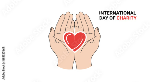 Two open hands cupping a red heart, symbolizing the International Day of Charity.