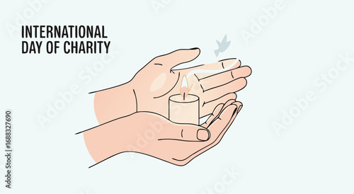 Hands cradling a lit candle with a dove silhouette rising from the flame, symbolizing the International Day of Charity.