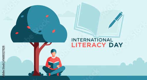 Illustration for International Literacy Day featuring a person reading under a tree with an open book and pen in the background.