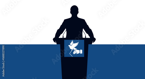 Silhouette of a speaker at a podium with a dove and hand symbol, against a white and blue background.