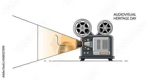 An illustration of an old film projector casting a beam of light onto a screen, celebrating Audiovisual Heritage Day.