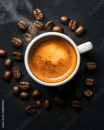 Espresso coffee cup with roasted beans. Hot espresso in white cup surrounded by roasted coffee beans. Rich aroma and dark background.