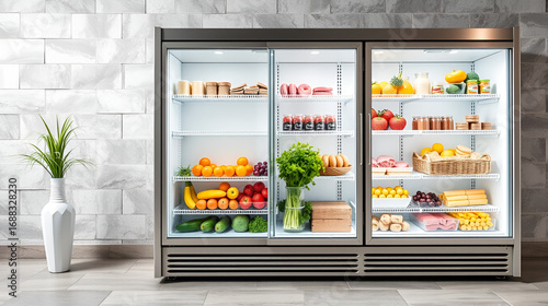 Double glass door chest freezer for ice creams, meat, vegetables and fruits
