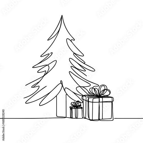 Christmas tree with gifts in minimalist line art style  