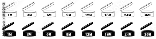  Set of PAO cosmetic expiry symbols vector form 1 month to 36 months. Ideal for skincare, beauty packaging, product labelling, and regulatory design needs.