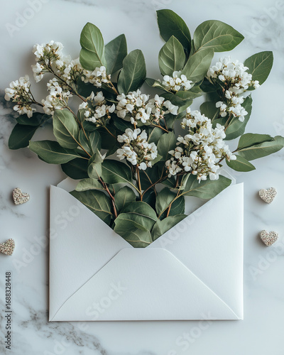 Envelope Filled with White Blossoms and Green Leaves. Creative flat lay with open envelope containing white flowers and green foliage on marble.