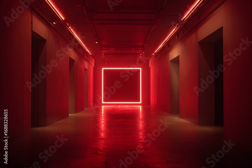 A red neon light background illuminates an empty room with a long corridor and a dark wall with a square frame. 