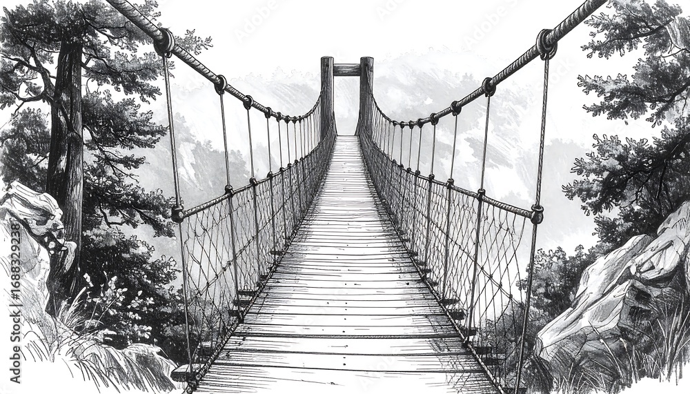 Fototapeta premium Suspension Bridge Drawing Over Valley with Forest, Perspective View