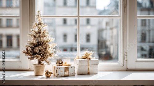 Cozy holiday windowsill with small decorated Christmas tree, wrapped presents, and golden ornaments, creating a festive home atmosphere