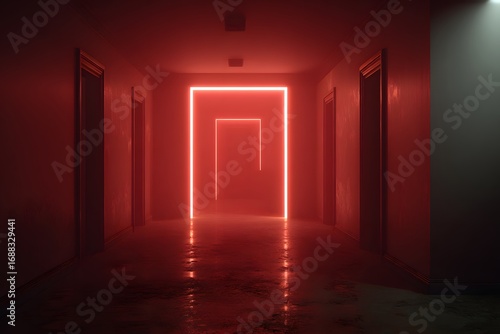 A red neon light background illuminates an empty room with a long corridor and a dark wall with a square frame. 