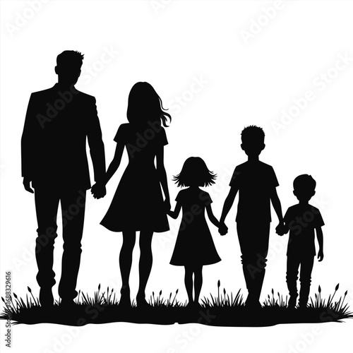 Black silhouette of a family holding hands with grass