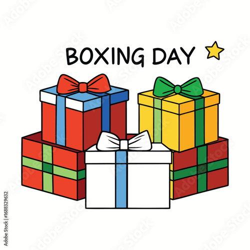 Playful Boxing Day design featuring cheerful cartoon boxes with smiling faces, festive details, and gift vibes, bringing a fun and lively holiday shopping spirit.
