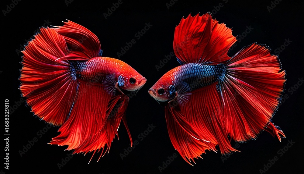 Obraz premium Beautiful movement of red betta fish, Two Fancy Halfmoon Betta, The moving moment beautiful of Siamese Fighting fish, Betta splendens, Rhythmic of Betta fish isolated on black background.