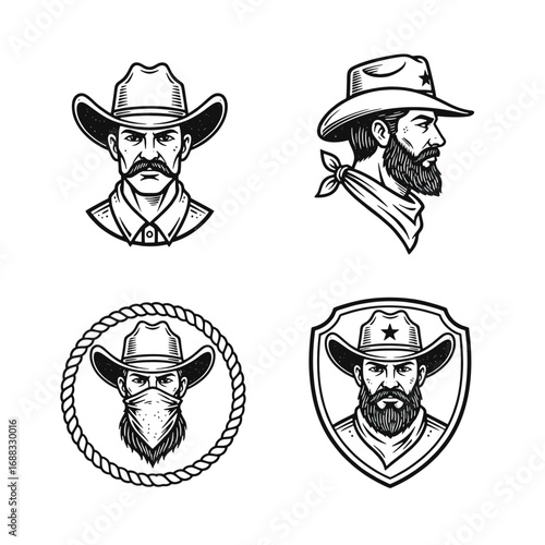 Retro Cowboy Head Icons Set with Hats, Beards, and Bandanas