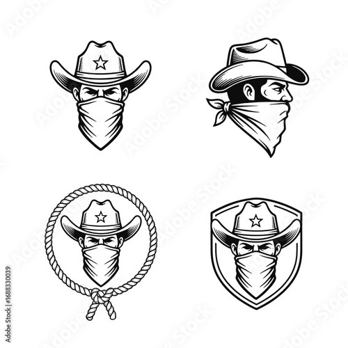 Cowboy Outlaw Bandit Masked Face with Hat and Bandana Vector Illustration Set
