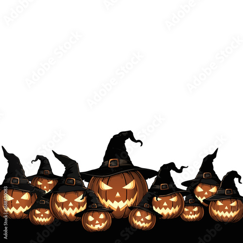 A large mob of spooky, glowing jack-o'-lanterns peeking over the bottom edge of a design. This pixel art illustration creates a perfect footer or border with copy space for Halloween events