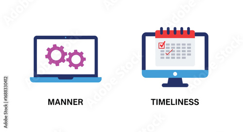 Vector illustration of icons showing a laptop with gears and a computer with a calendar