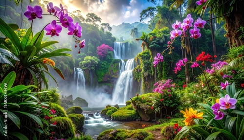 Lush waterfall cascading through a vibrant tropical garden filled with colorful orchids and greenery.