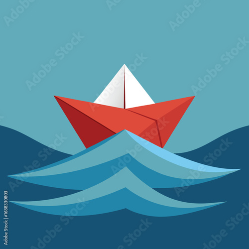 Single color vector illustration of a folded paper boat floating