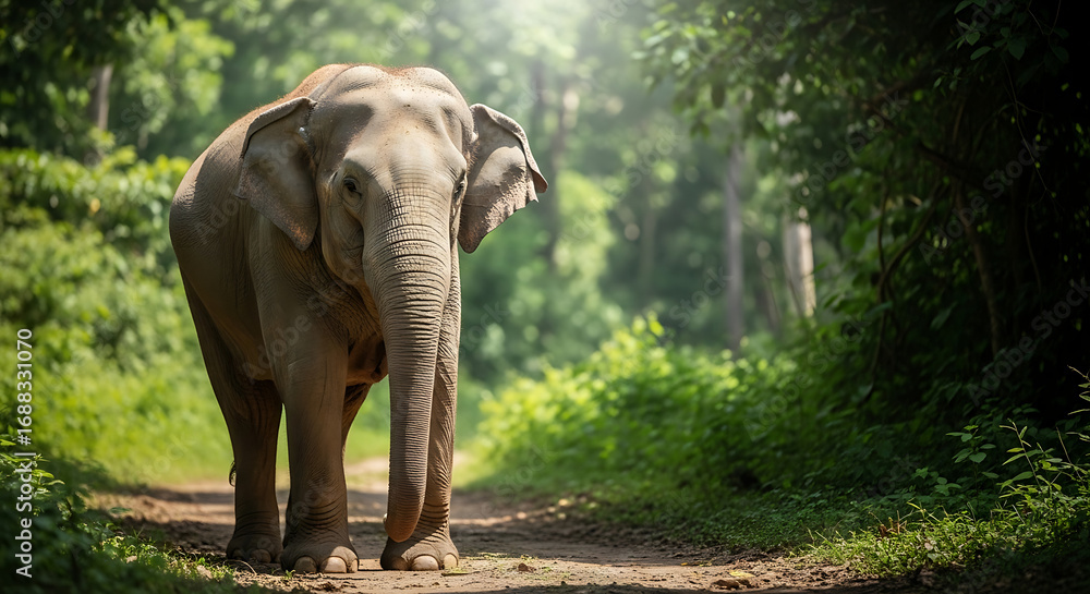 Fototapeta premium Majestic elephant walking on a path through a lush green forest