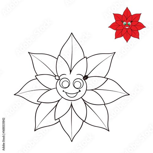 A festive red poinsettia flower coloring page, featuring bold petals, detailed leaves, and holiday charm. Perfect for kids and adults to bring Christmas spirit to life.
