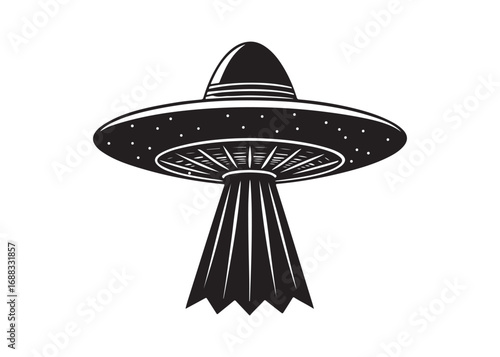 Flying saucer silhouette vector, UFO spaceship illustration with beam of light in black and white design.