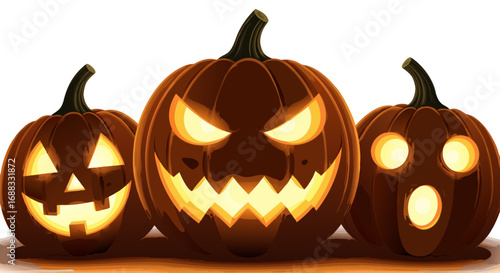 A trio of menacing jack-o'-lanterns, each with a unique and dramatically lit expression, casting an eerie glow. Perfect for horror-themed Halloween posters, party invitations, and spooky digital backg