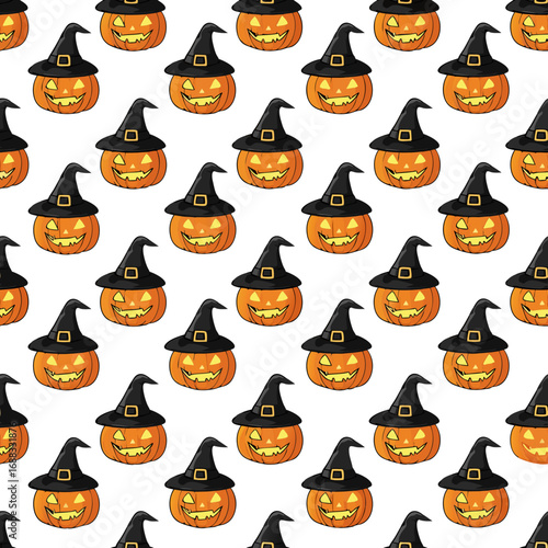 A simple and cute seamless pattern of cartoon jack-o'-lanterns arranged in a uniform grid. This clean and orderly design is ideal for children's Halloween projects, gift wrap, and festive digital back