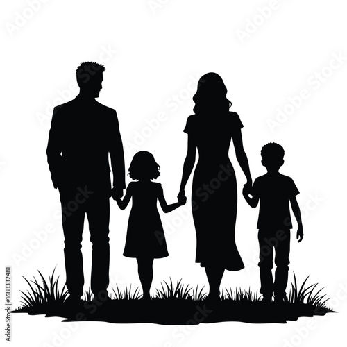 Black silhouette of a family walking on grass father