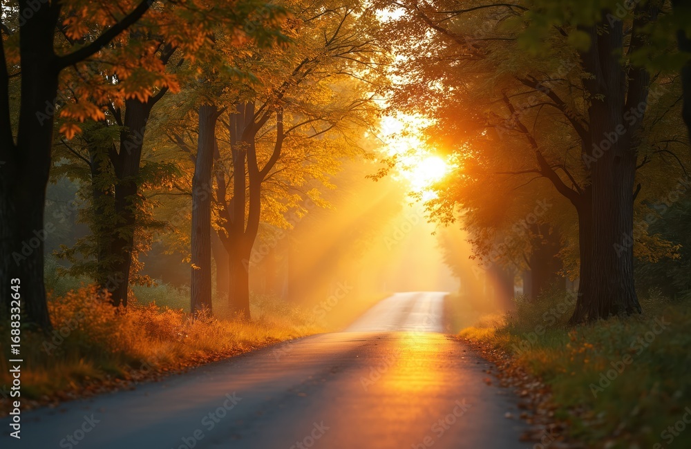 Obraz premium Autumn morning country road bathed in warm sunlight. Sun rays shine through trees creating misty haze. Golden leaves line rural path, evoking tranquil seasonal atmosphere for travel and nature themes.