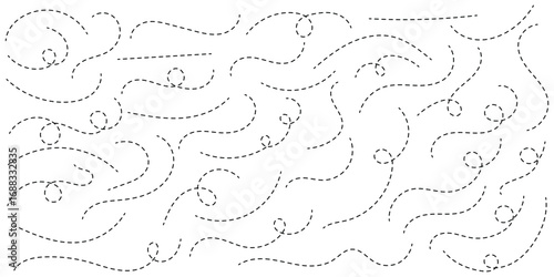 Hand-drawn dotted line element set. curved and twisted dashed paths. Wavy Dashed Curvy Line, Loopy Squiggle Path, Decorative Wave Border, Dotted Line Divider, Seamless Vector Illustration. 