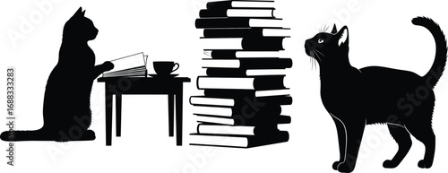 Silhouettes of two black cats near a table with books and a cup, and a stack of books