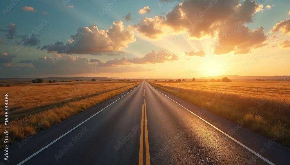 Naklejka premium Empty countryside highway at golden hour. Straight asphalt road cuts through golden fields under a dramatic sky with sun rays and clouds. Offers sense of journey and vast landscape.