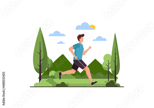 Dynamic man running outdoors through lush green park, embracing a healthy active lifestyle with energy and freedom