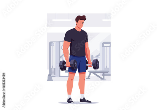Determined man lifting dumbbells in modern gym, building strength and achieving fitness goals with focused intensity