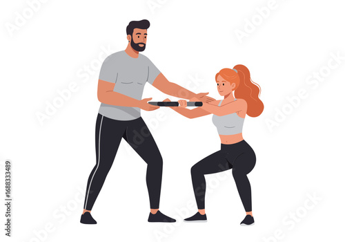 Professional fitness trainer guides woman through perfect squat form, empowering her strength journey with expert coaching and motivation.