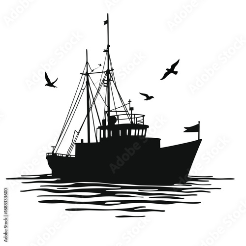 Black silhouette of a fishing boat with seagulls and waves
