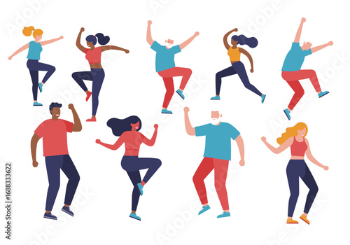 Dynamic diverse group celebrating movement and joy with energetic poses, embodying fitness and vibrant lifestyles for modern design