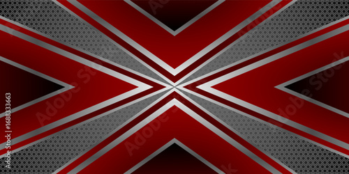 Abstract black and red polygons overlaid on dark steel mesh background with free space for design. modern technology innovation concept background