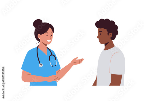 Caring nurse attentively listens to patient, building trust and offering support in a modern healthcare setting.