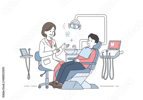 Confident dentist explains treatment to patient seated in modern dental chair, creating a reassuring and professional healthcare experience.