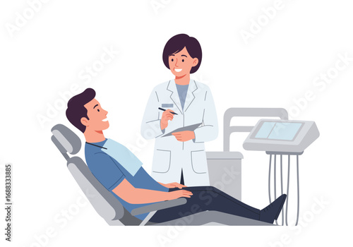 Friendly dentist consulting with happy patient in modern dental office chair, discussing treatment plan